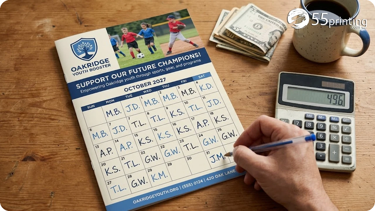 Completed pick a date fundraiser calendar grid with every date initialed beside a calculator showing 496