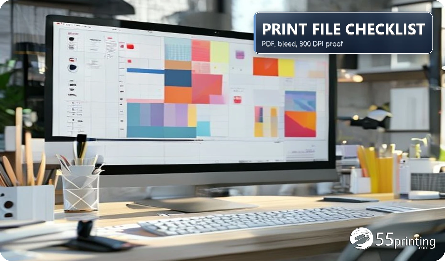 Designer checking a print-ready PDF checklist on a laptop beside printed samples