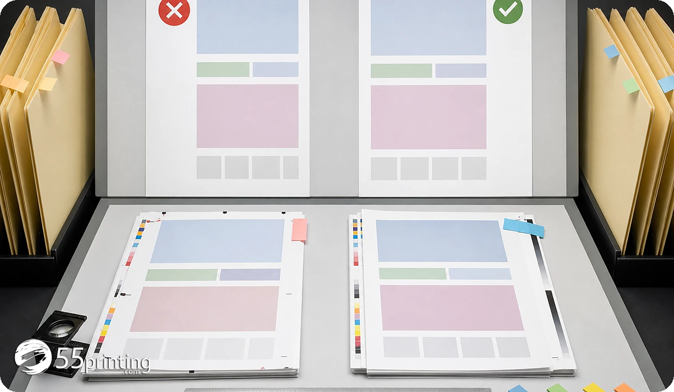 A proof response connects the held file to the current template, approved assets, and release question