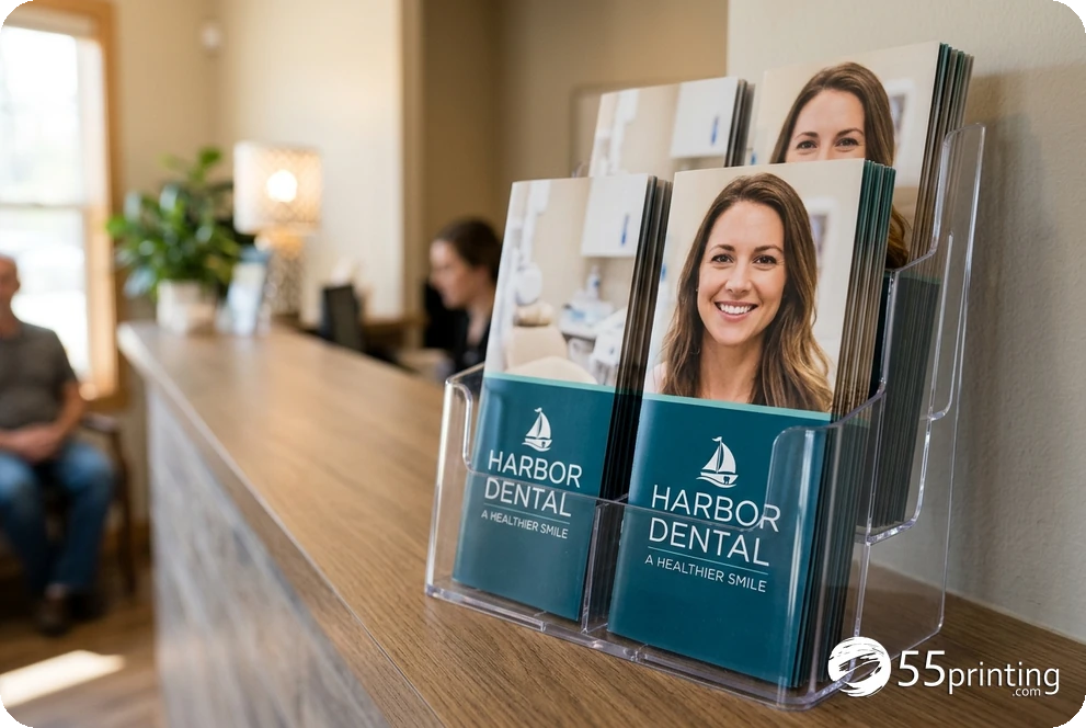 Finished dental brochures displayed upright in a reception counter rack