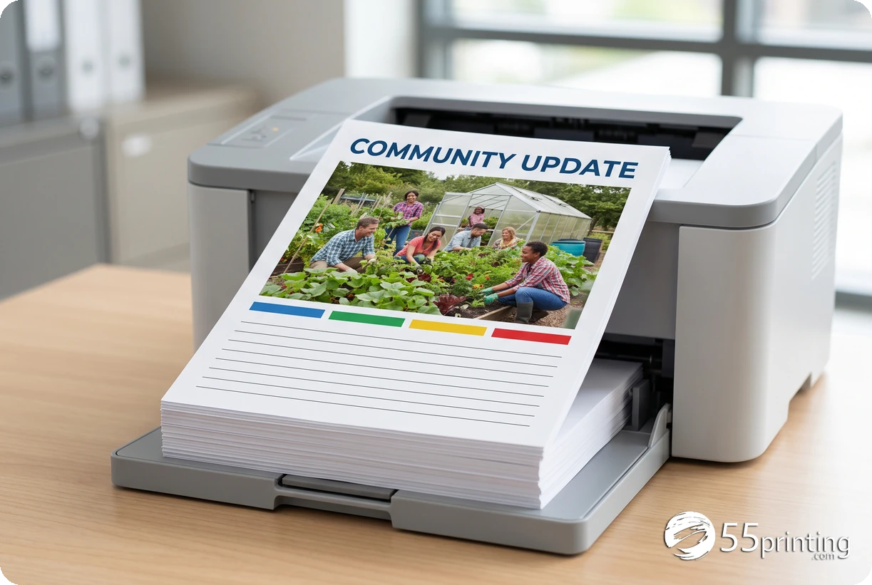 Finished full-color community document in an office printer output tray