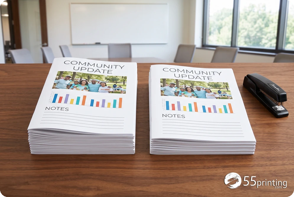 Two neat stacks of full-color meeting documents with photographs and note lines
