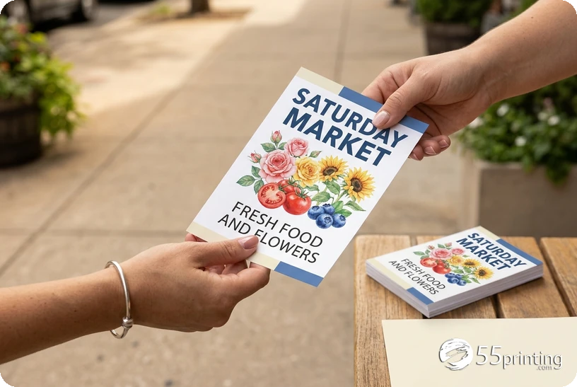 Finished market flyer being handed to a customer with readable promotional artwork