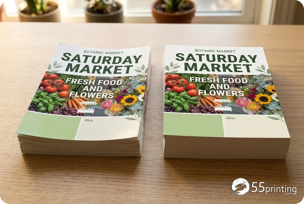 Two stacks of finished market flyers with consistent full-color campaign artwork