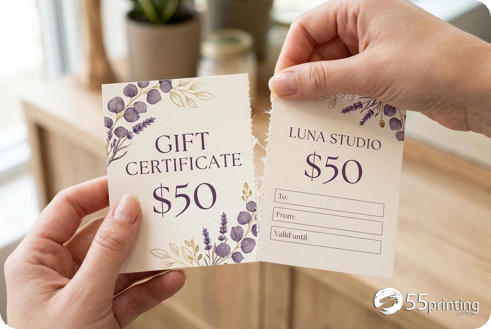 Purple printed gift voucher separating along its vertical press perforation