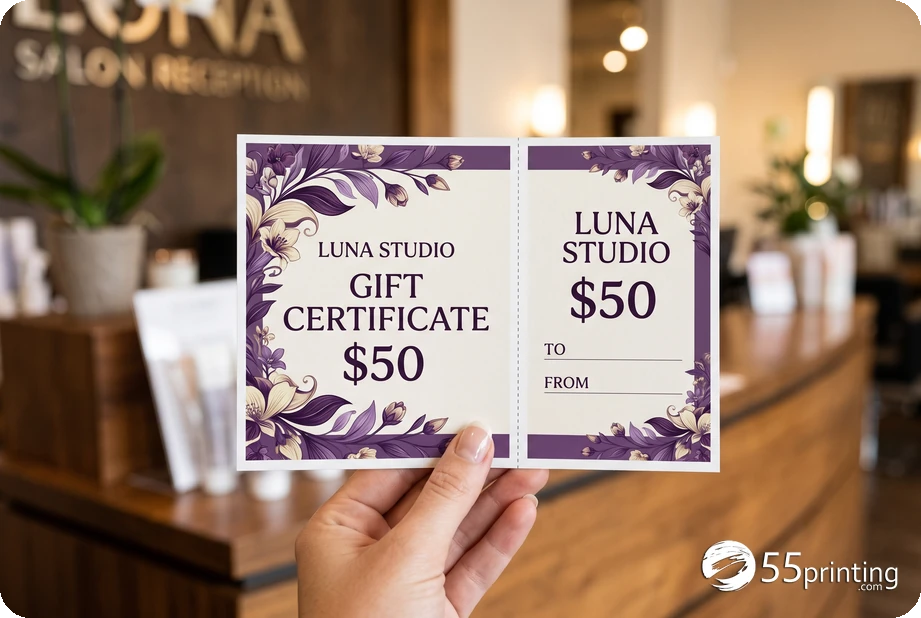 Finished botanical salon voucher with value and write-in fields on two perforated panels