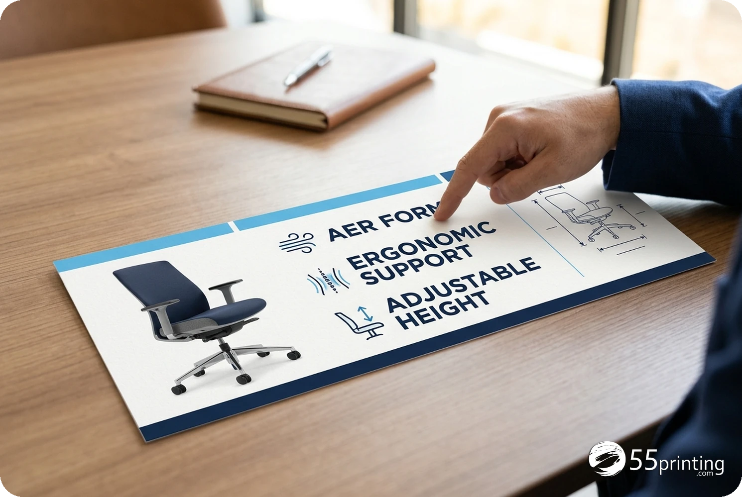 Narrow printed chair sell sheet with product photograph and clear feature headings