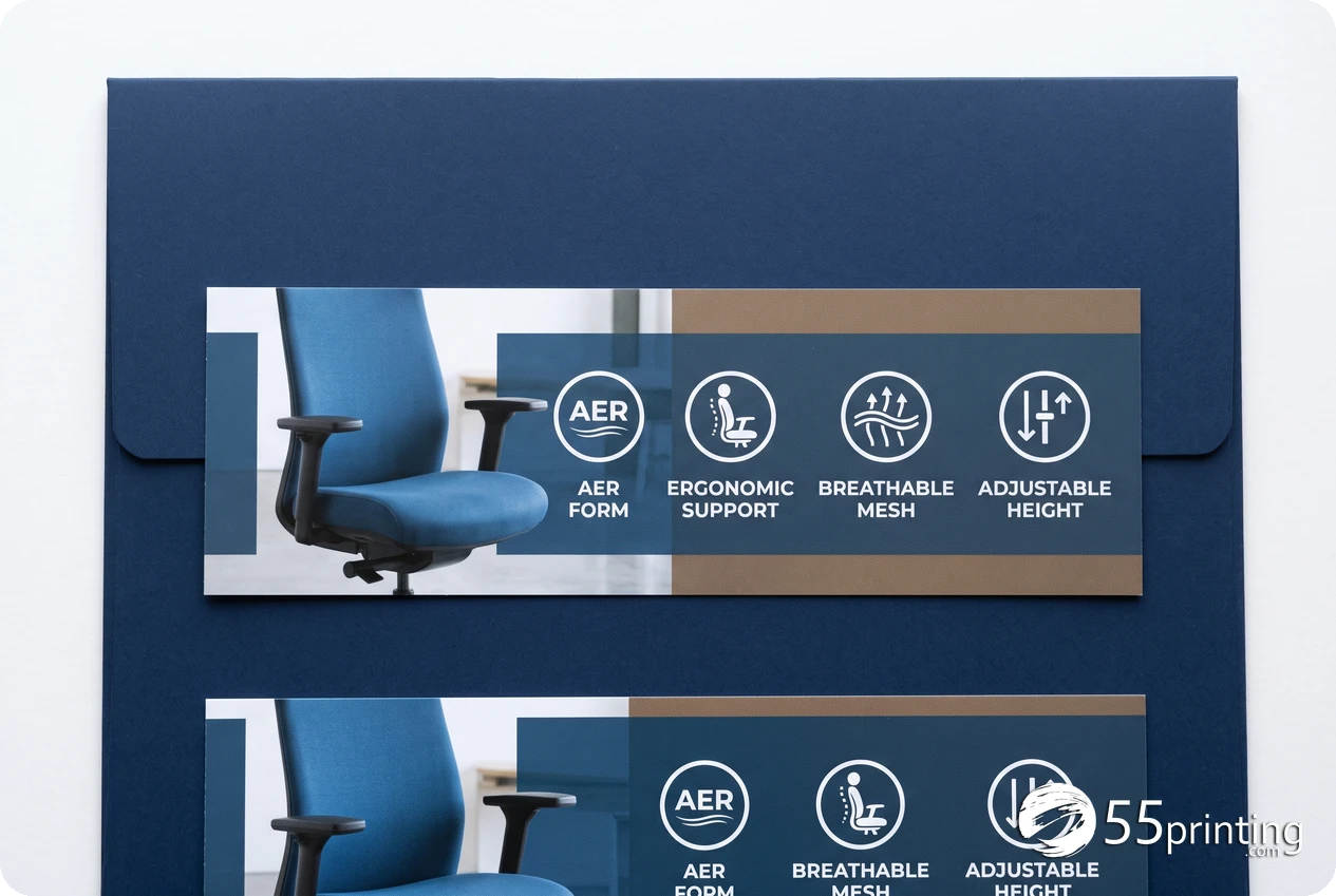 Long horizontal printed chair sell sheets displayed with a presentation folder