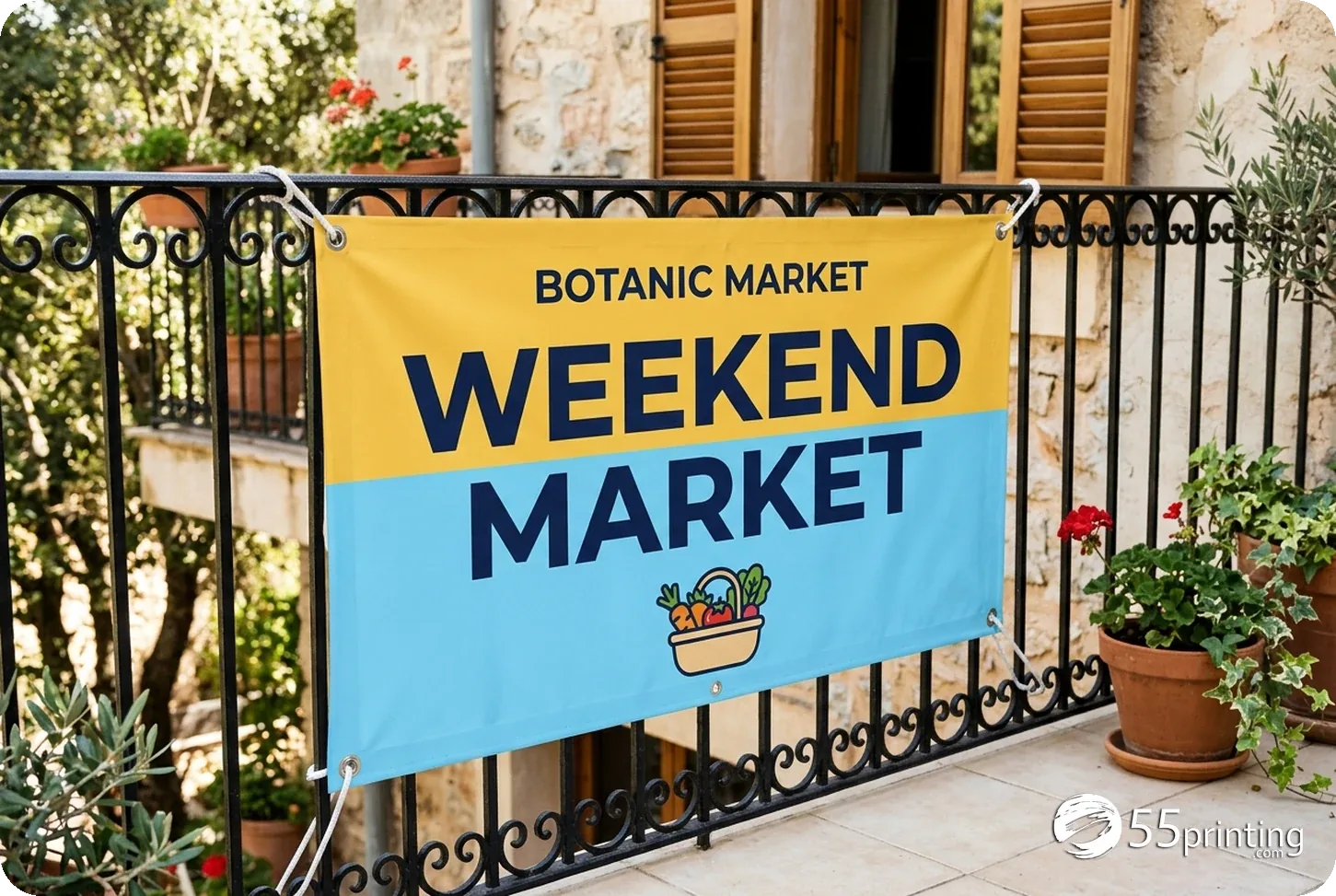 Finished outdoor market banner attached to a railing through its metal grommets