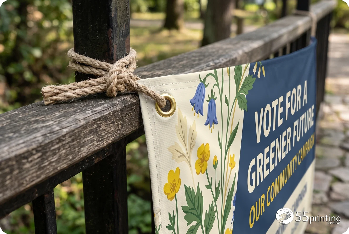 Close-up of a printed vinyl banner hem and metal grommet tied to a railing
