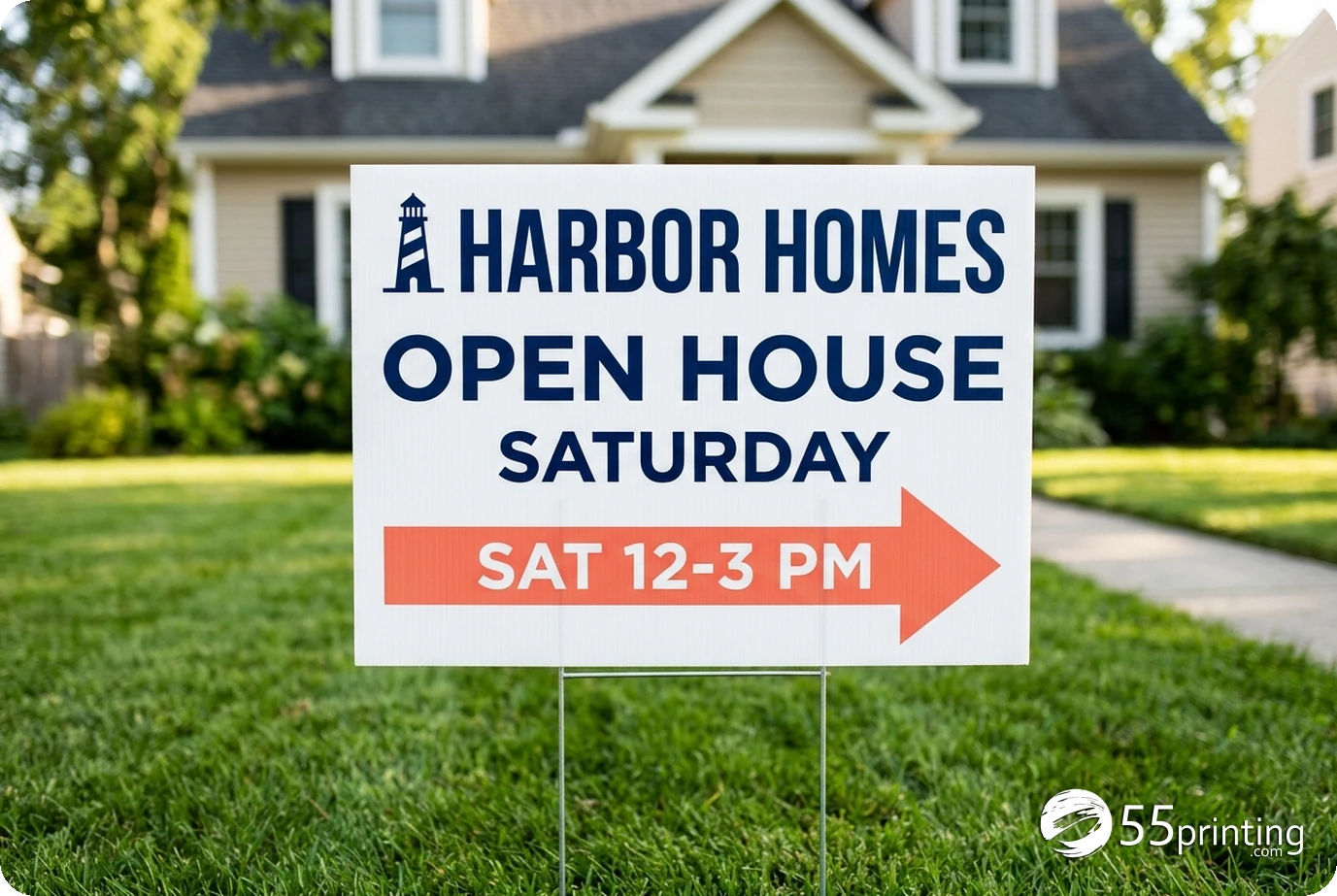 Finished real estate open house yard sign on a lawn near a house