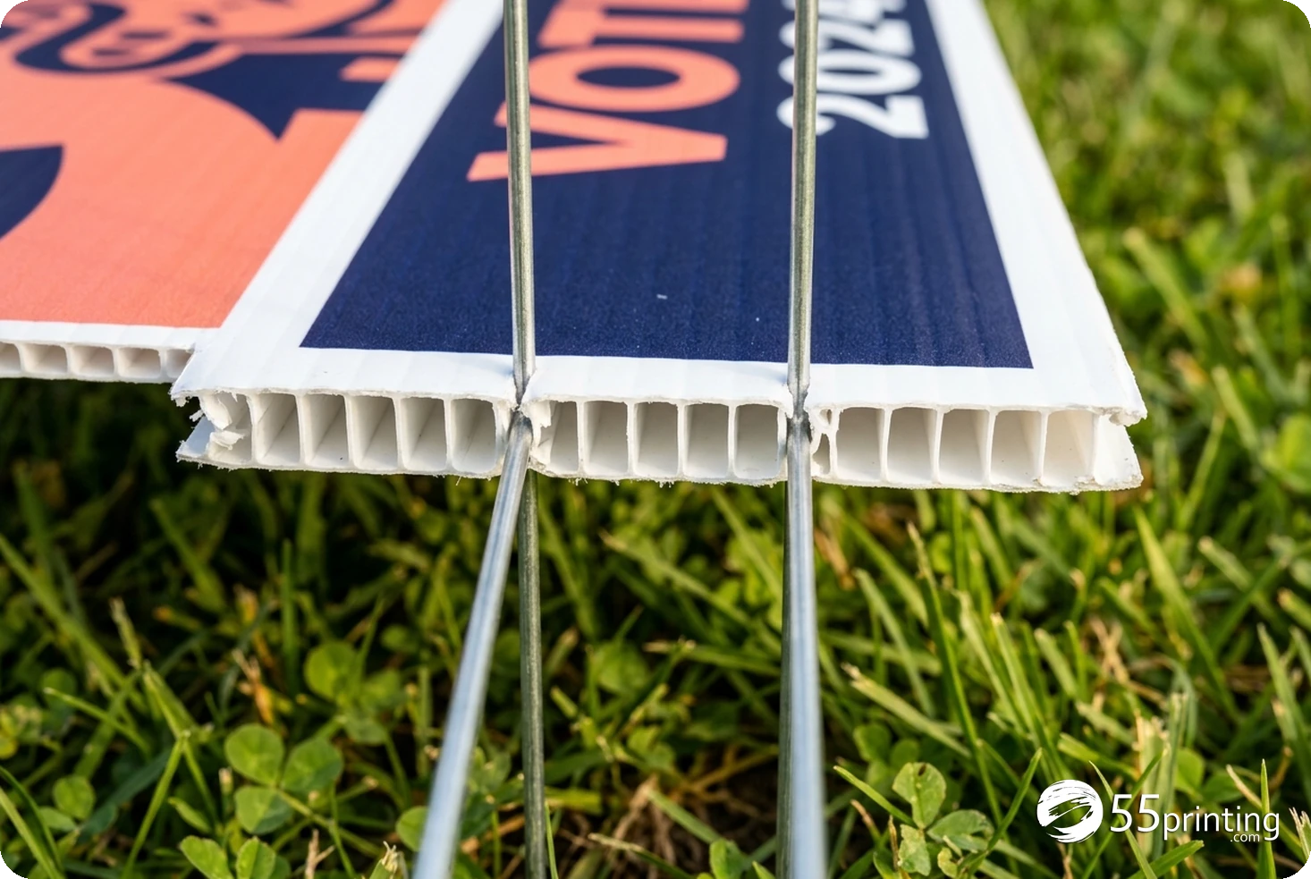Corrugated plastic sign edge showing internal flutes and metal step-stake prongs
