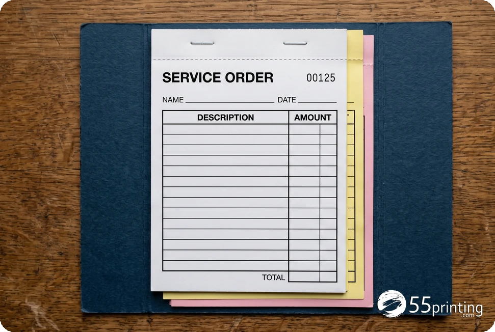 Numbered carbonless service form book on its firm wraparound cover