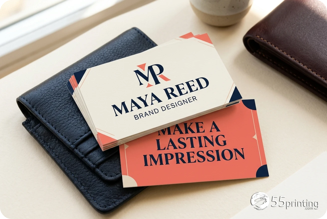 Finished rectangular business cards with matching front and reverse artwork beside a wallet