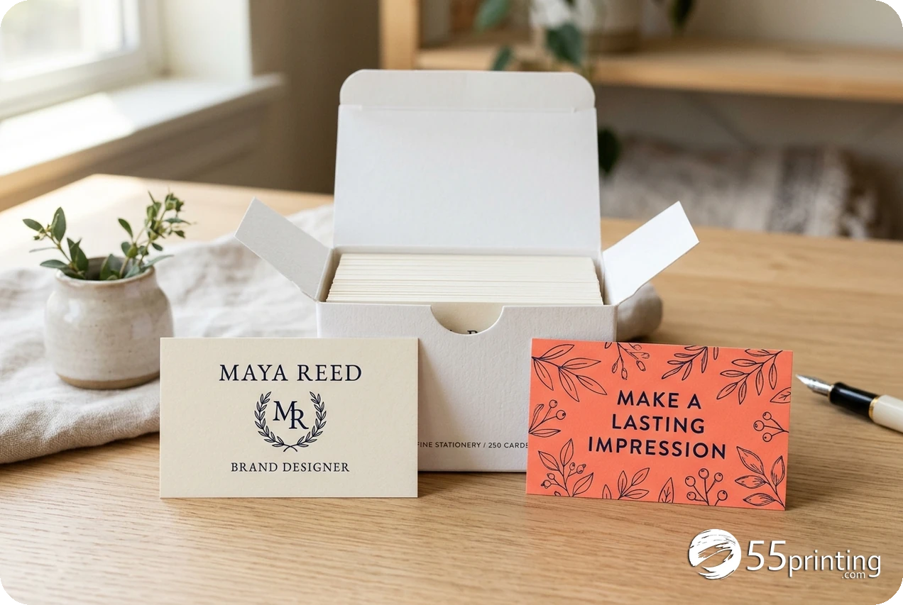 Finished matching front and reverse business cards beside a box of printed cards