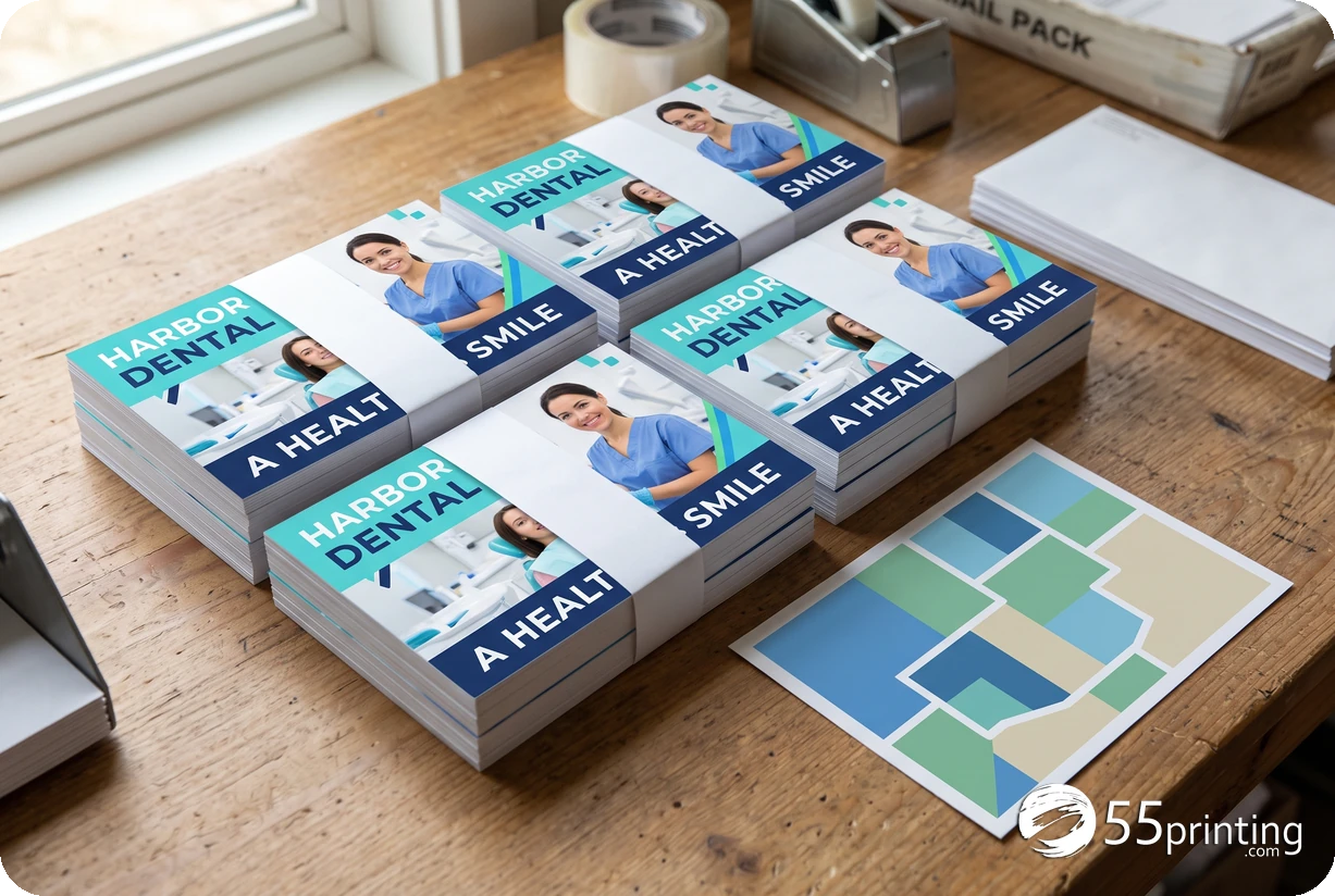 Ejemplo de diseño: postales impresas para comparar tamaños y preparar la distribución postal.