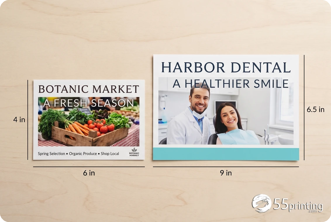 Two finished marketing postcards shown at different sizes with accurate size annotations