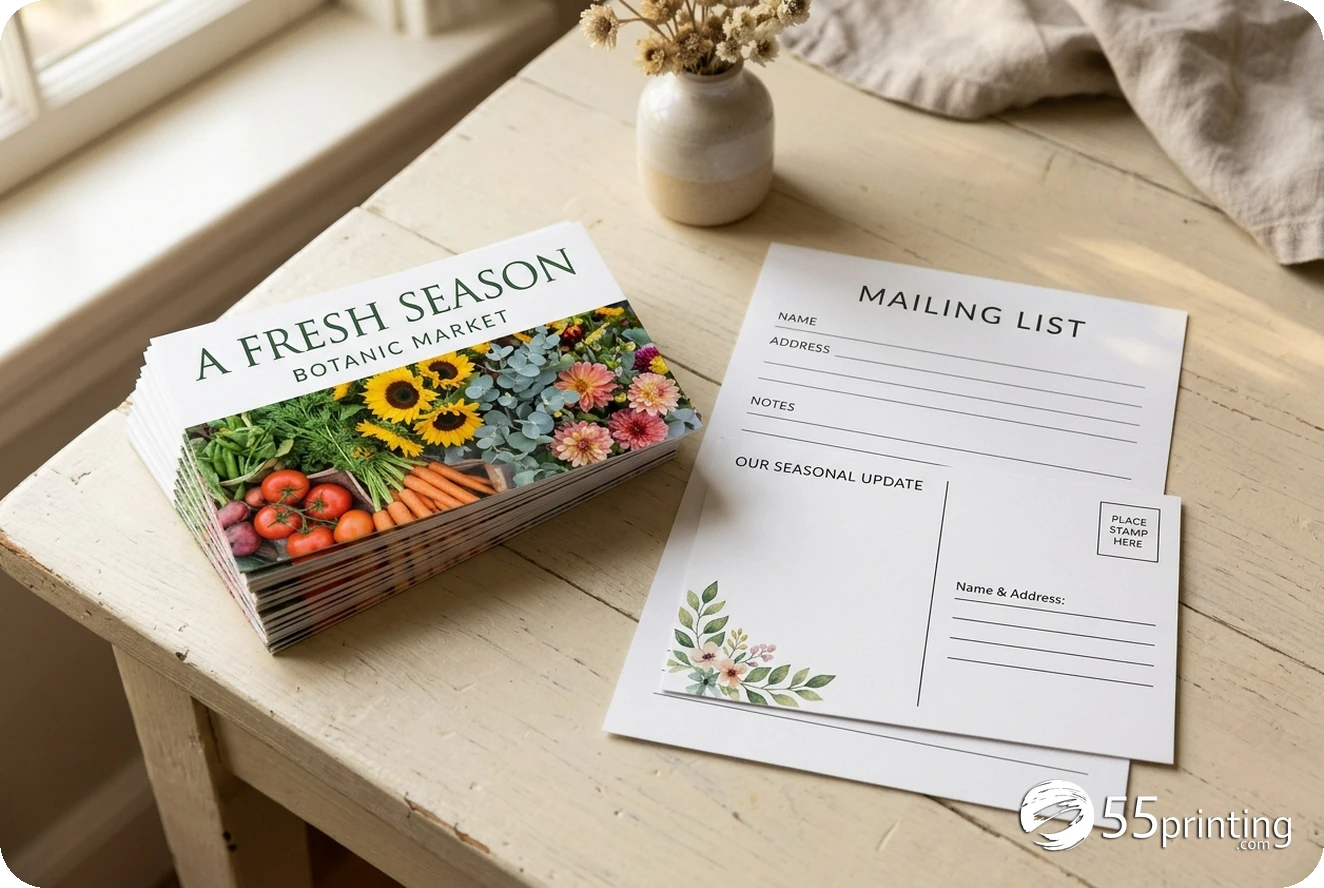 Finished colorful postcards with blank address fields and an unfilled mailing worksheet