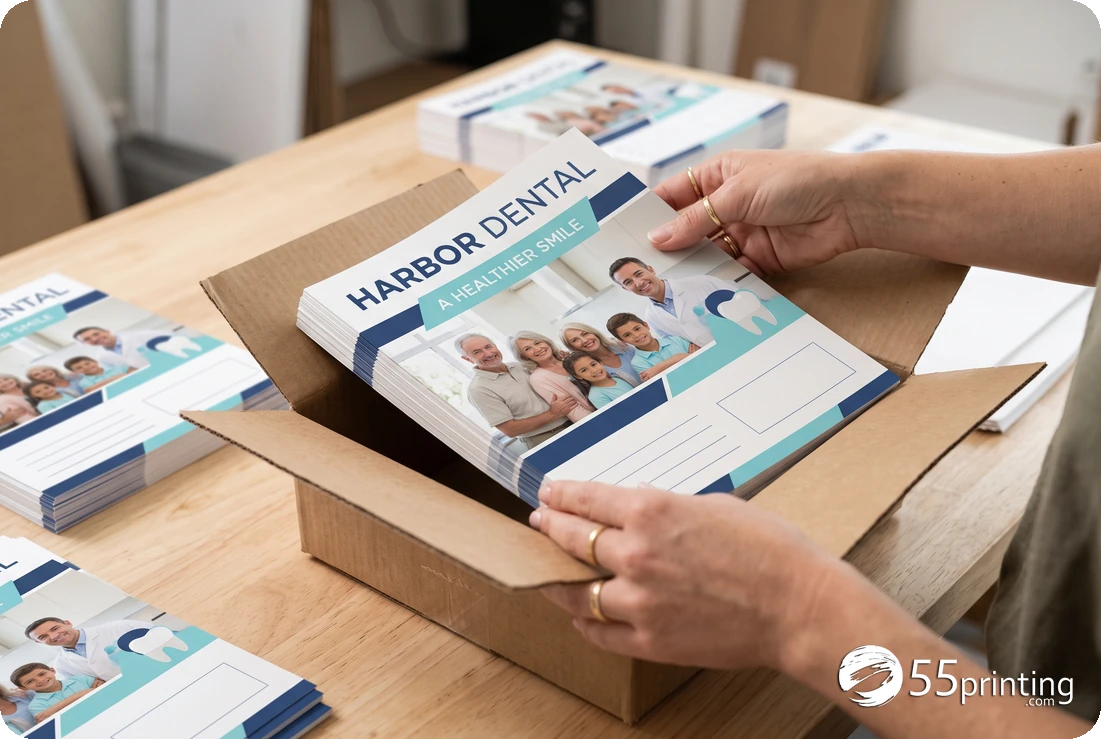 Hands packing finished flat unfolded dental brochure sheets into a plain carton
