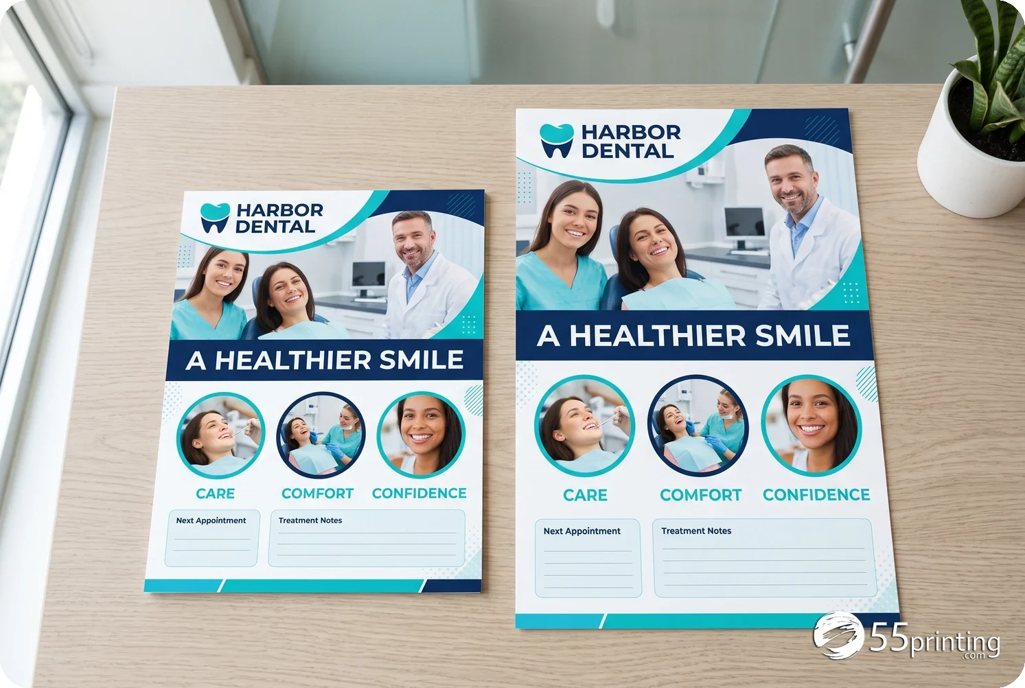 Flat dental brochure sheets at letter and larger sizes with matching campaign artwork