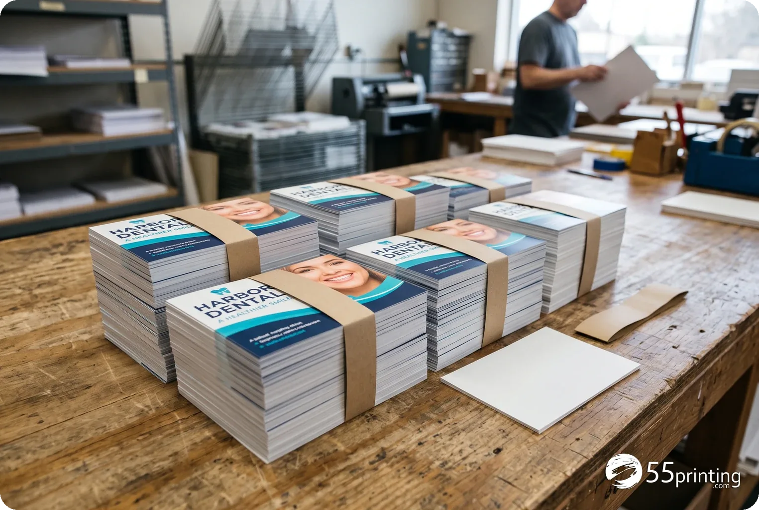 Paper-banded bundles of finished dental marketing flats ready for packing