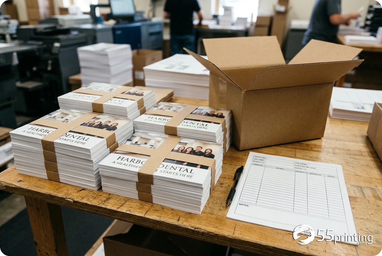 Prepared marketing card bundles beside a carton and an unfilled counting worksheet