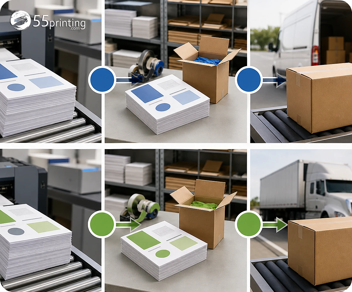 A production proof and a shipping status are recorded as separate checkpoints for the same print job