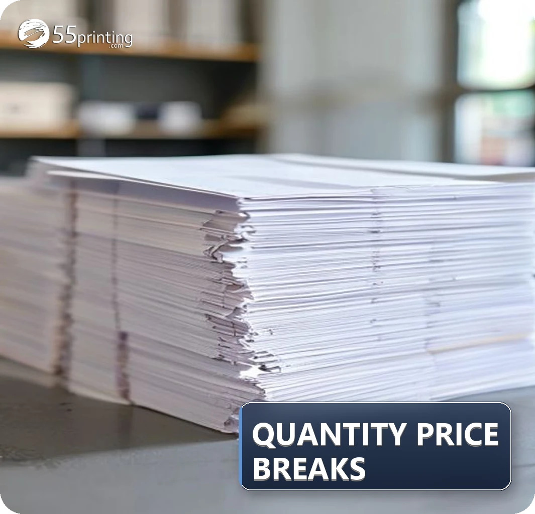 Half-sheet color handout stacks arranged by quantity for Providence print pricing
