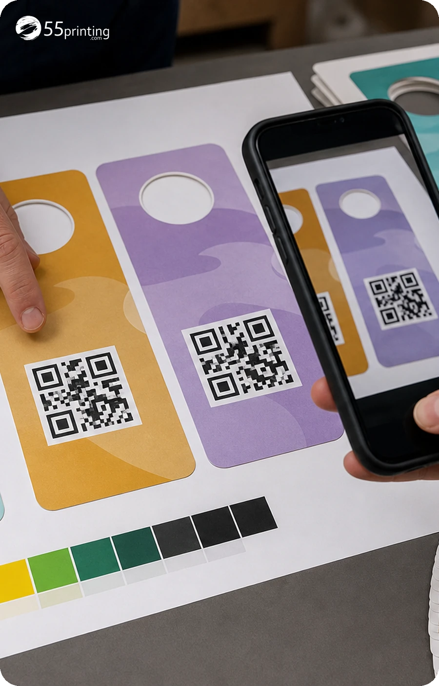 A phone scan checks a door-hanger QR destination under a realistic outdoor viewing condition
