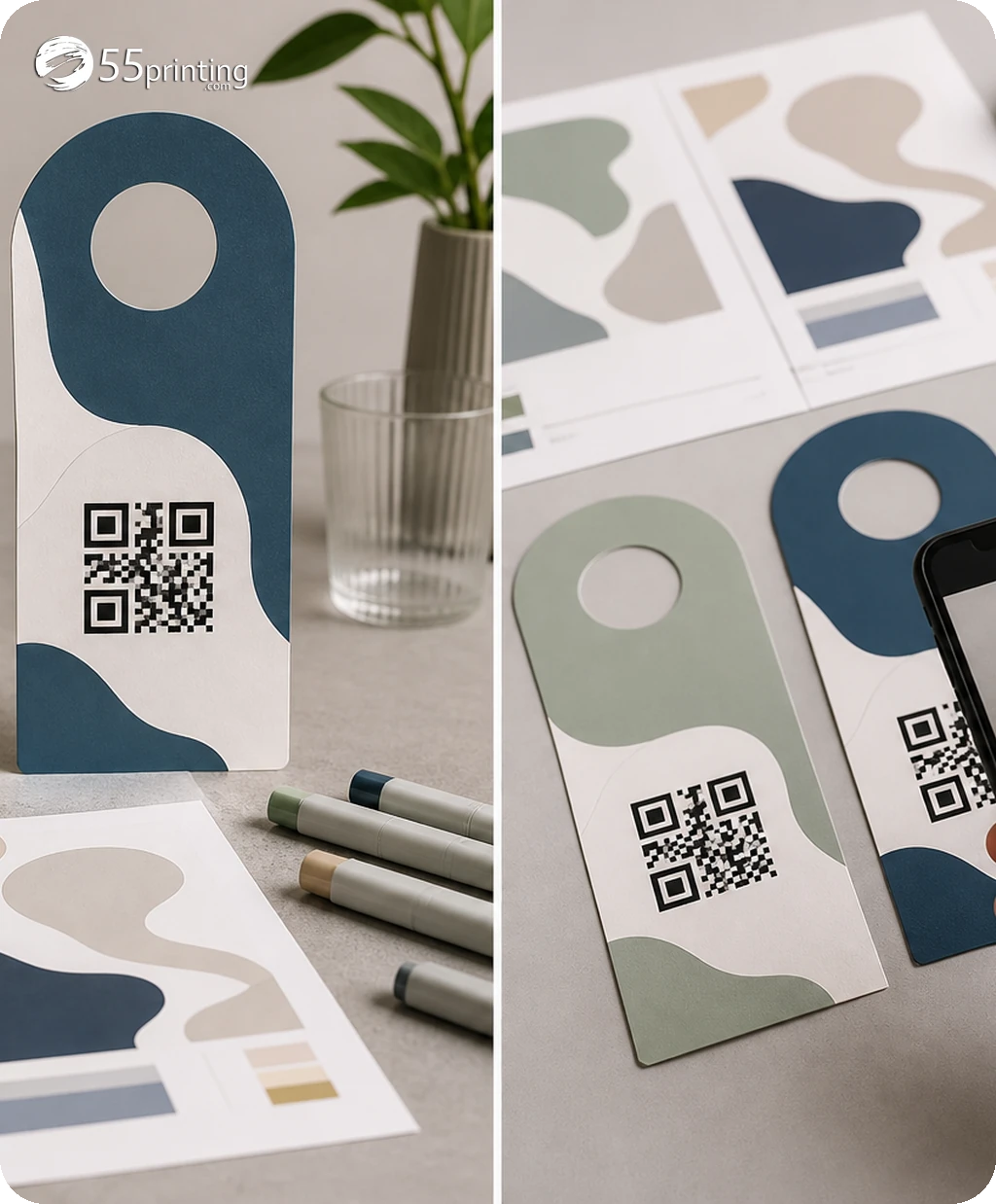 A door-hanger proof keeps the QR code clear of the hole, trim, border, and nearby artwork