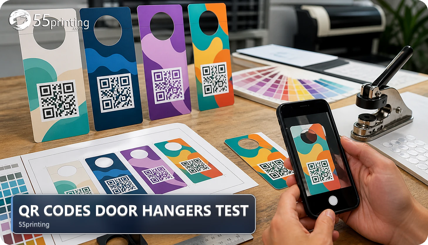 A door-hanger QR code is checked on a phone for destination, contrast, clear space, and placement