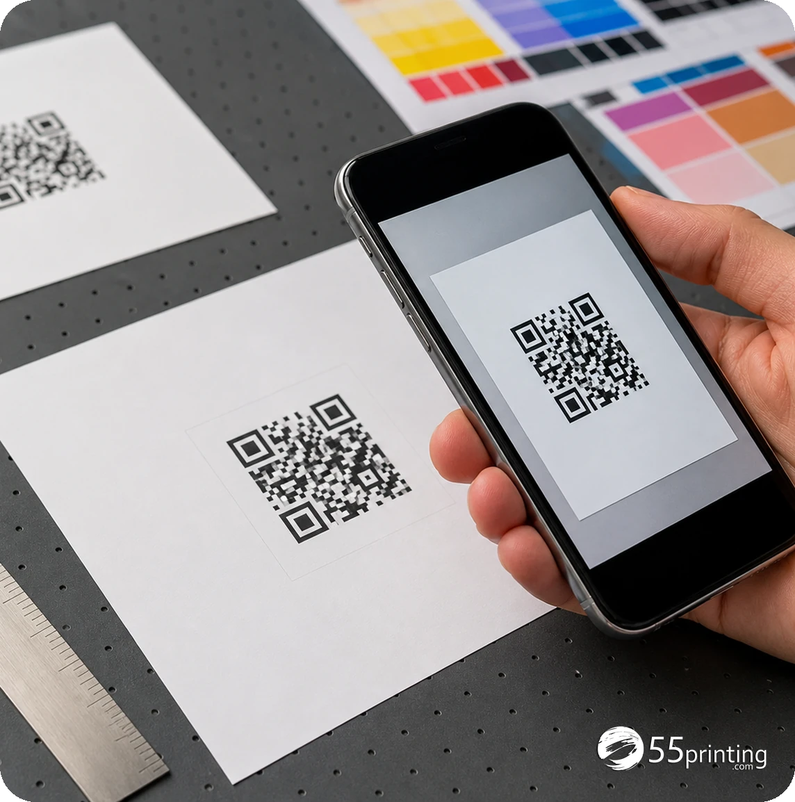 Printed QR proof scanned with a smartphone while checking quiet zone and contrast