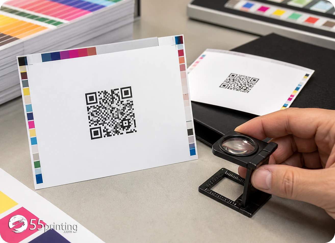 Printed QR proof inspected with a loupe for placement, quiet zone, and contrast