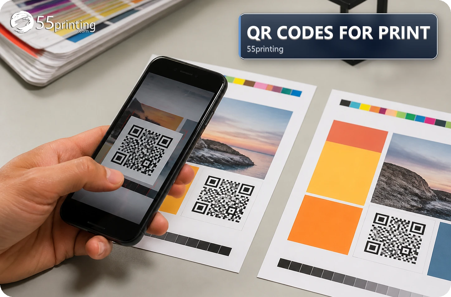 Printed QR proof scanned with a smartphone in a print studio