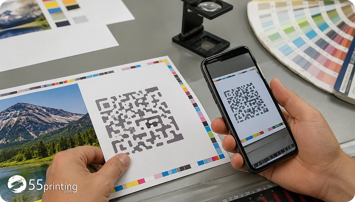 A phone scan checks a QR destination before the code is placed in print artwork