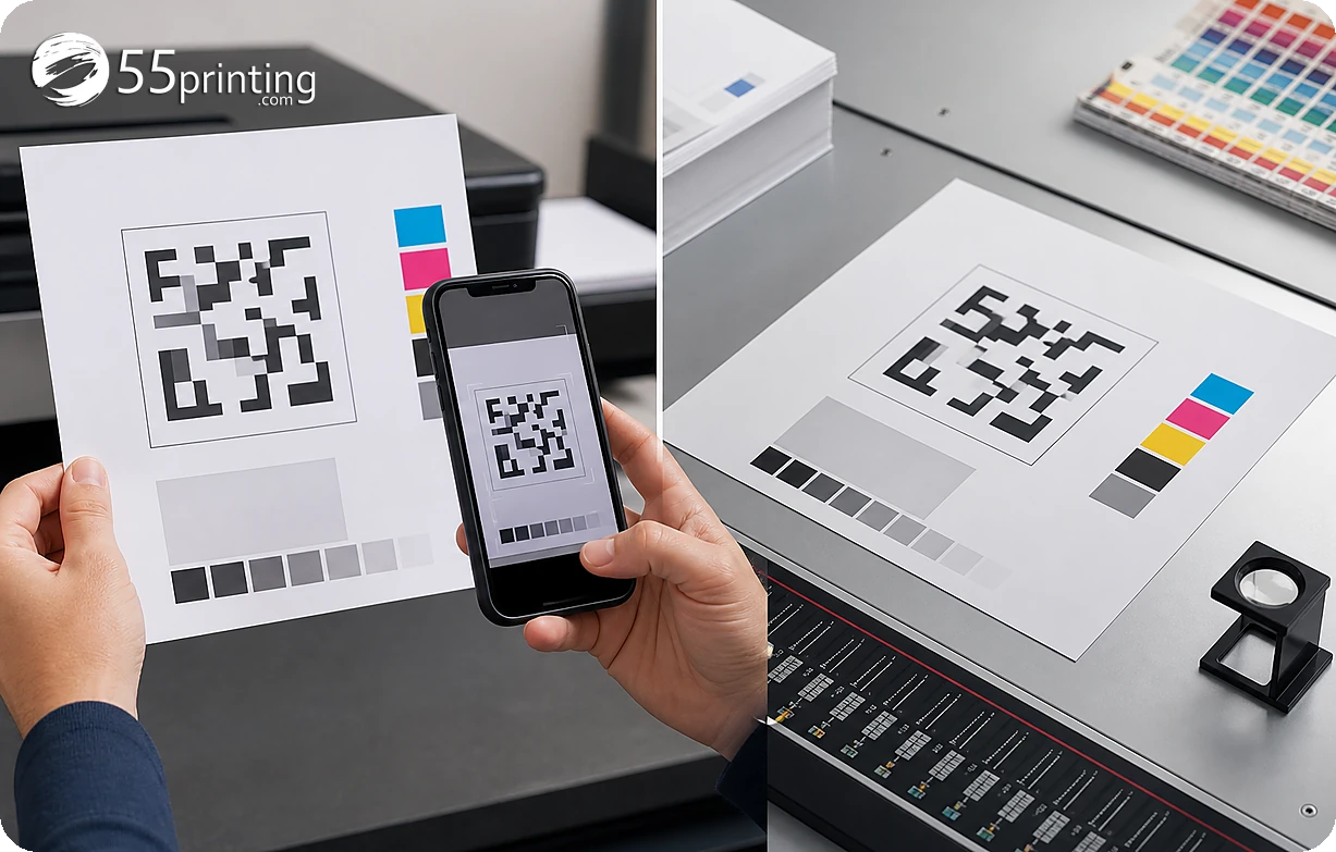 A QR code is positioned inside a product safe zone with clear space around its edges