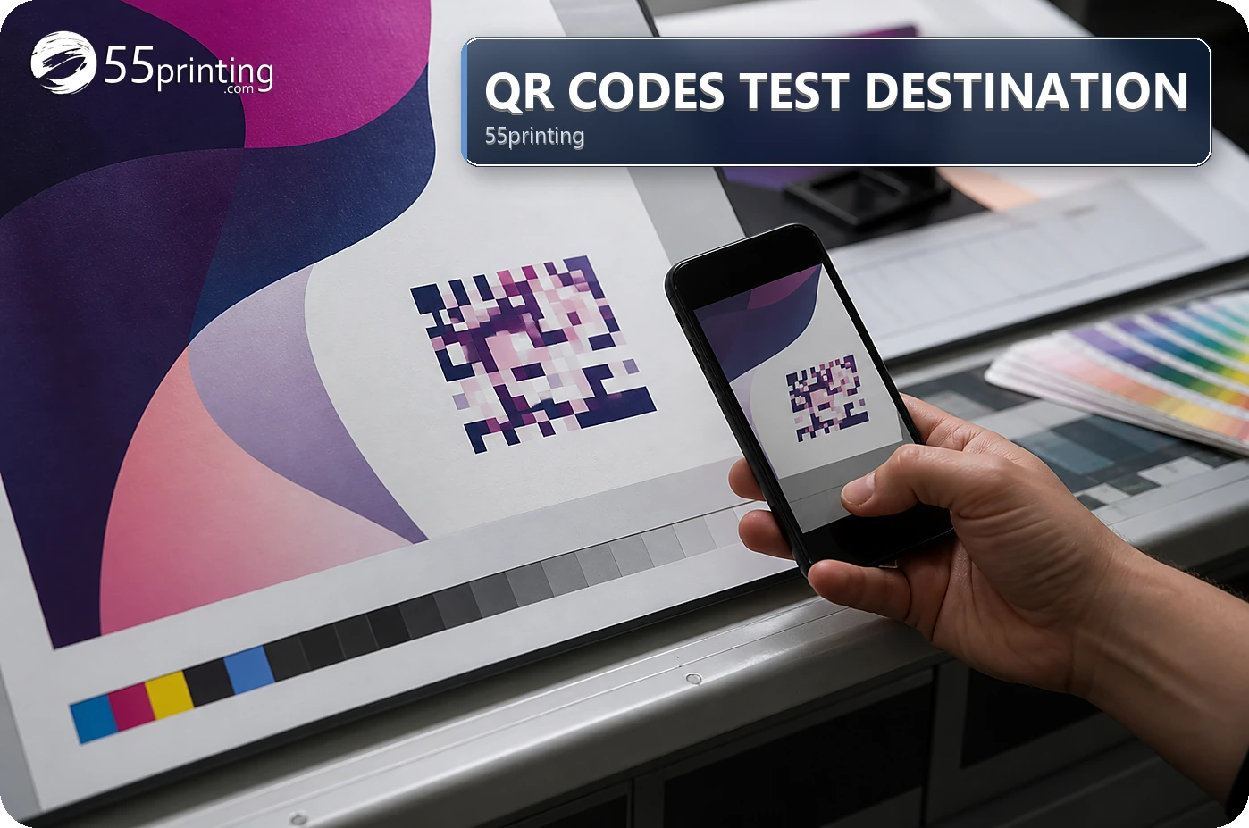 A QR code is reviewed on a phone before it is placed in printed artwork