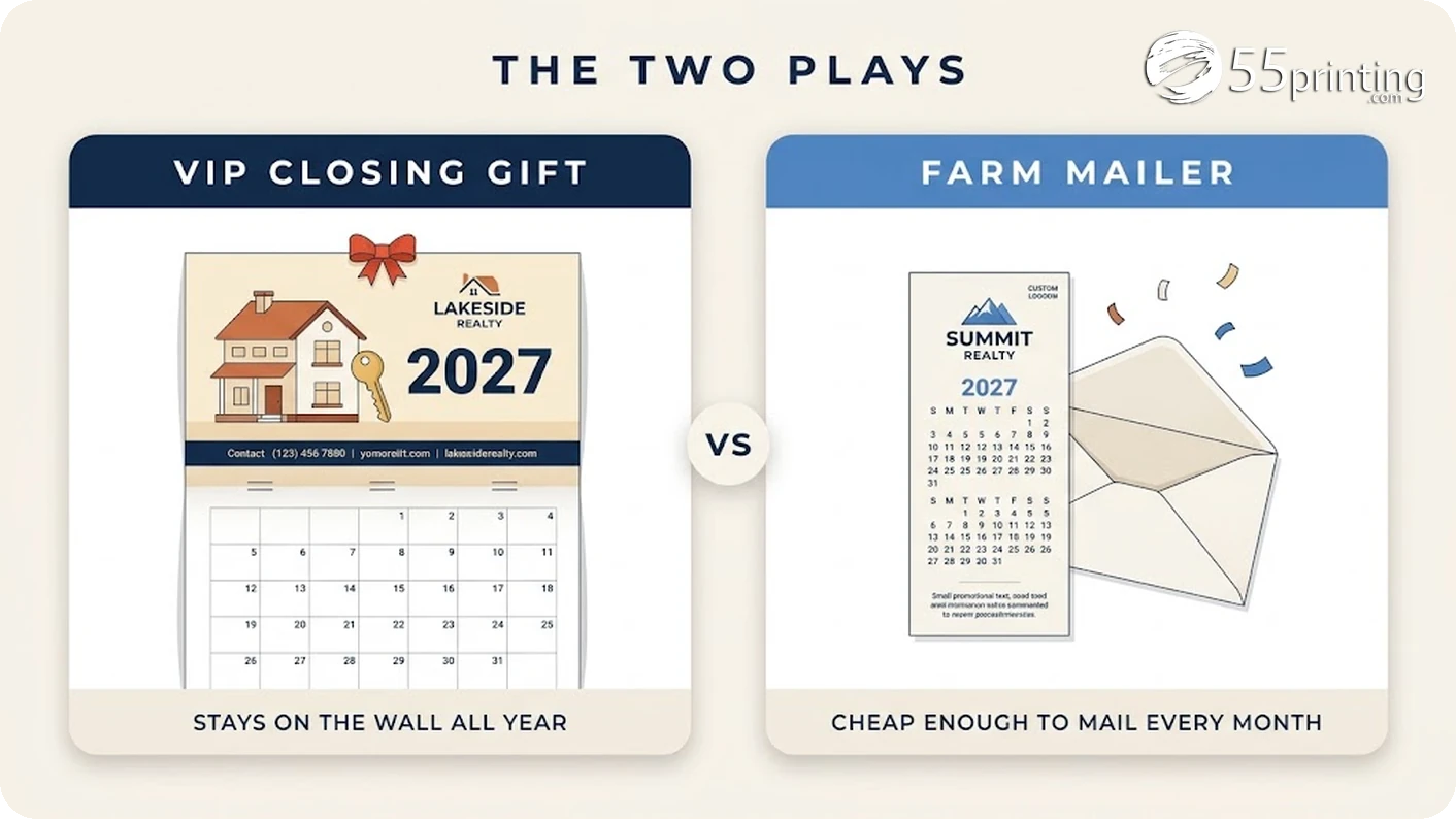 Infographic comparing the VIP closing gift wall calendar play against the farm mailer calendar card play