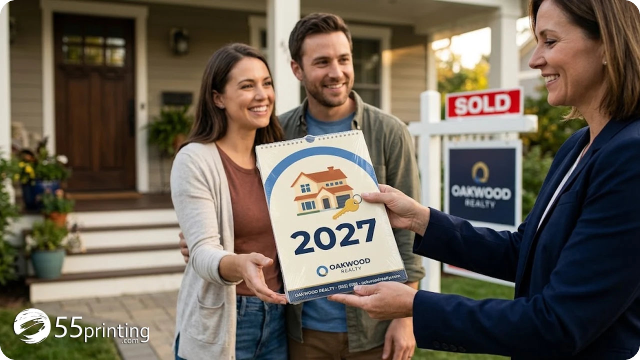 Real estate agent handing a printed 2027 promotional calendar to new homeowners on the porch of a sold house