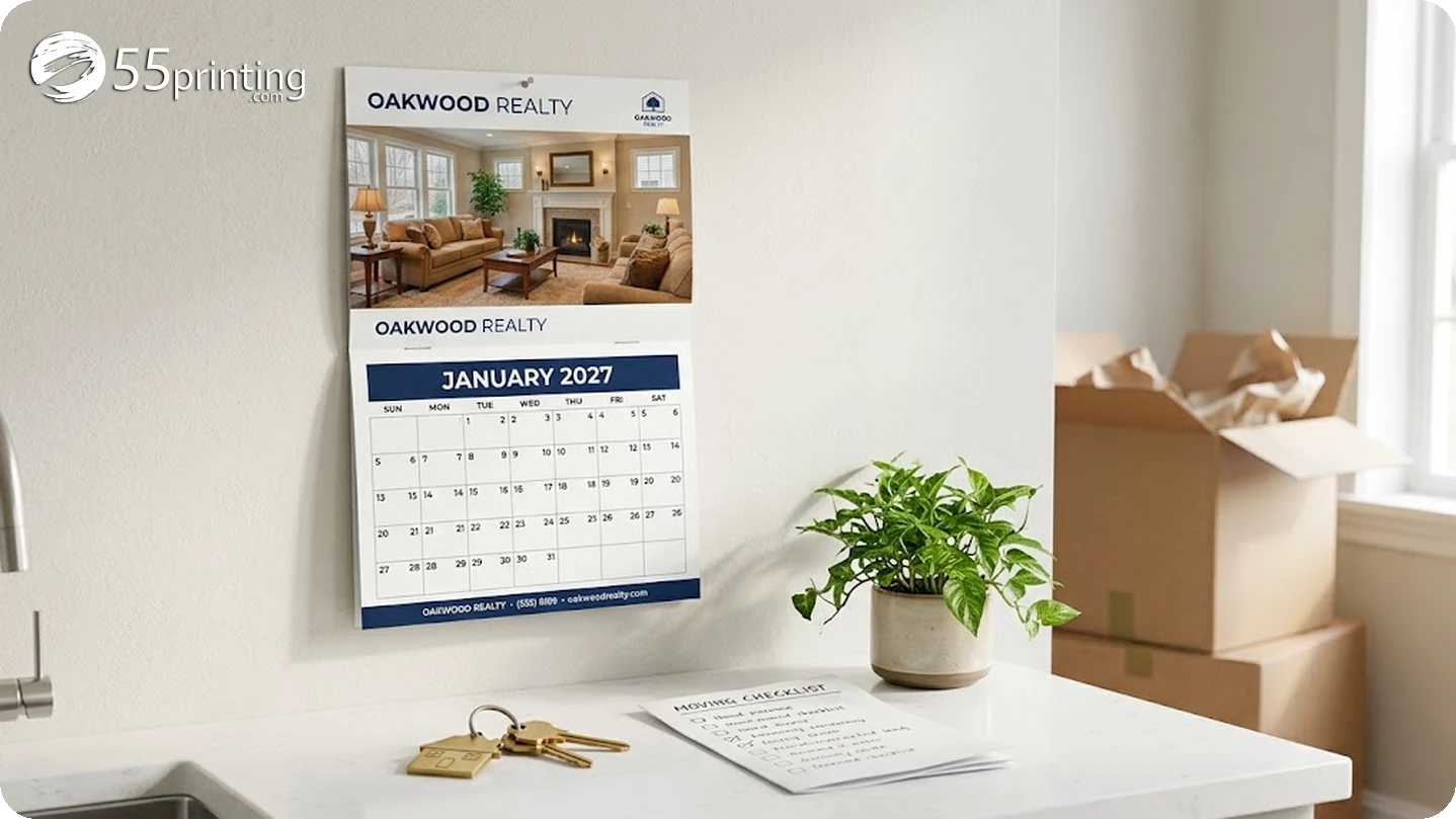 Printed 2027 wall calendar hanging in the kitchen of a new home with house keys on the counter