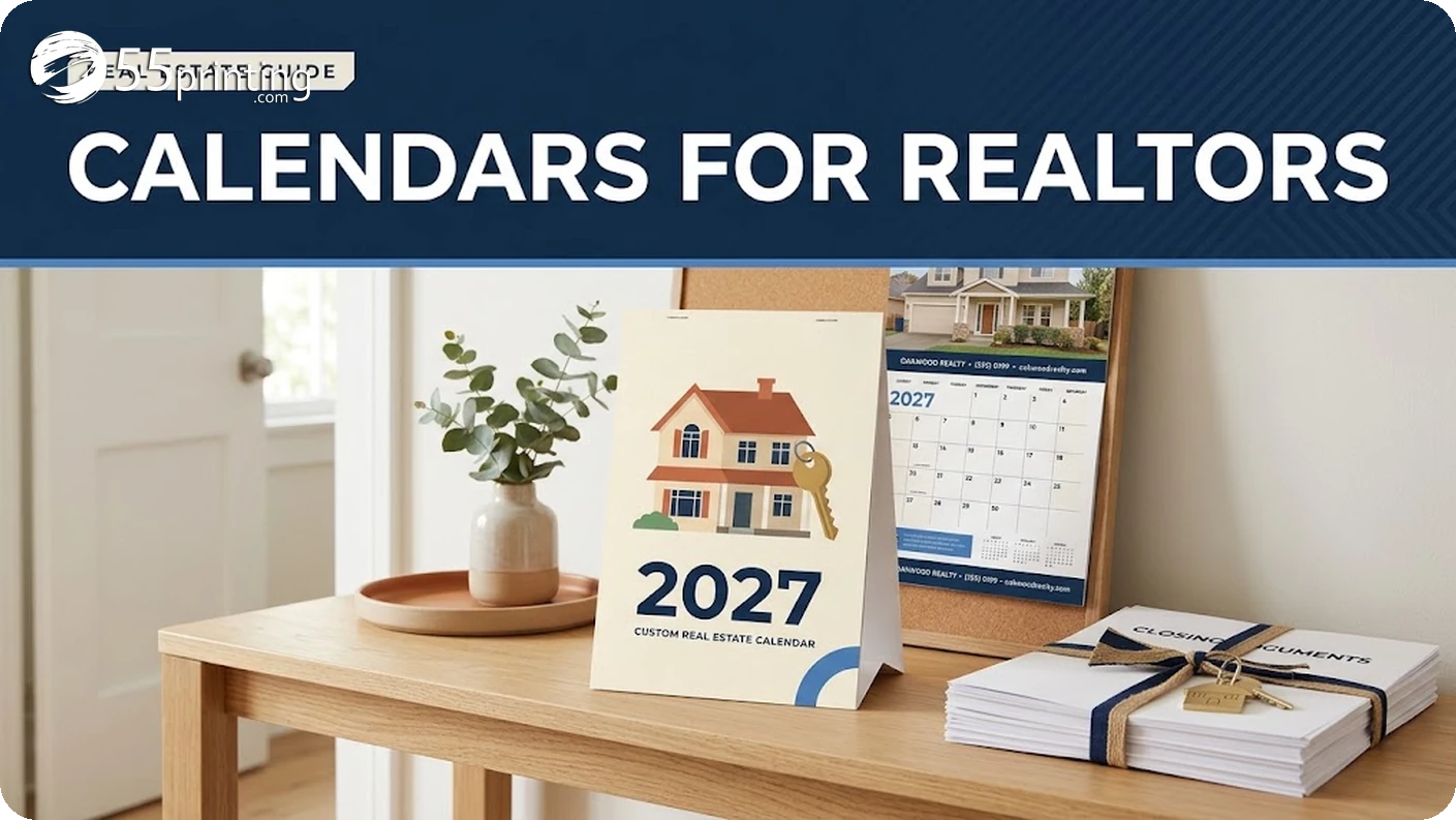 Printed 2027 real estate calendar standing on a home entry table next to house keys and closing paperwork