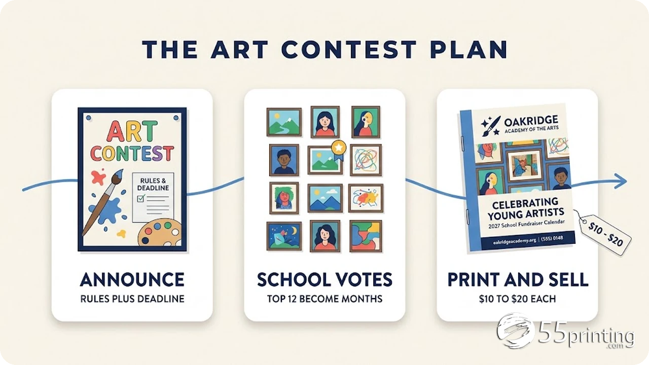 Three-step infographic showing the school calendar art contest plan