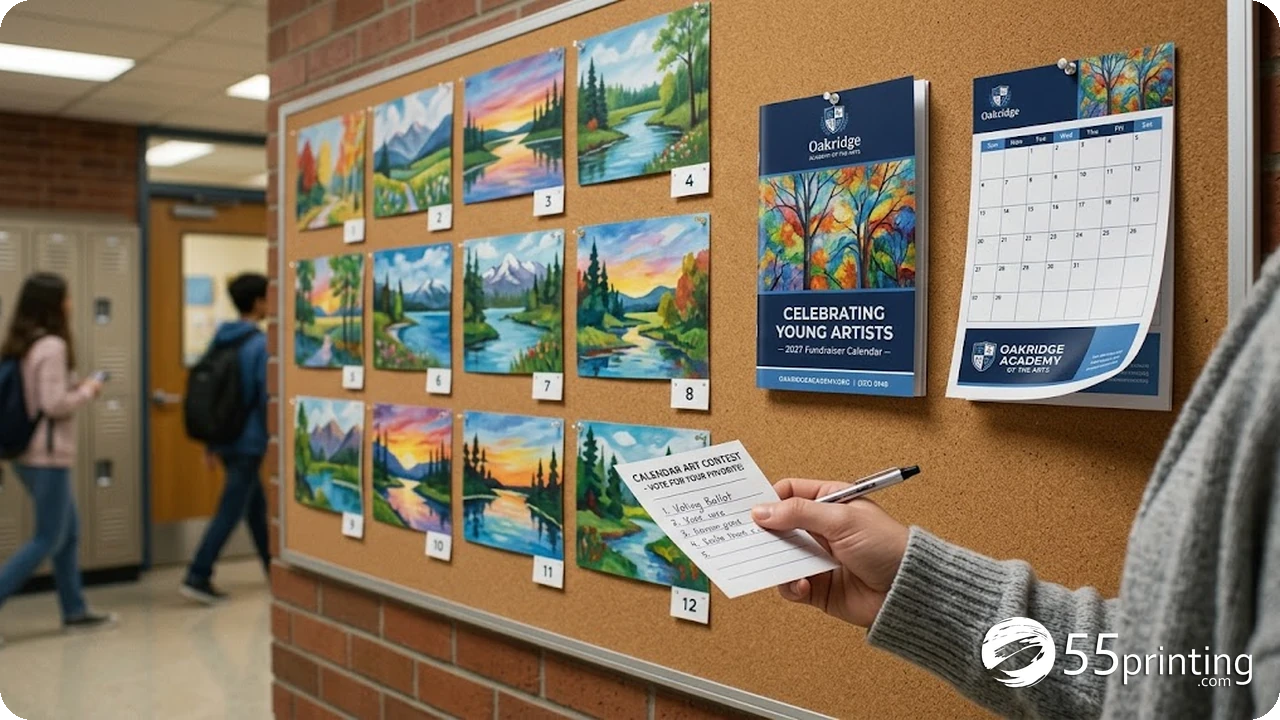 Twelve numbered student artworks on a school hallway corkboard during calendar contest voting