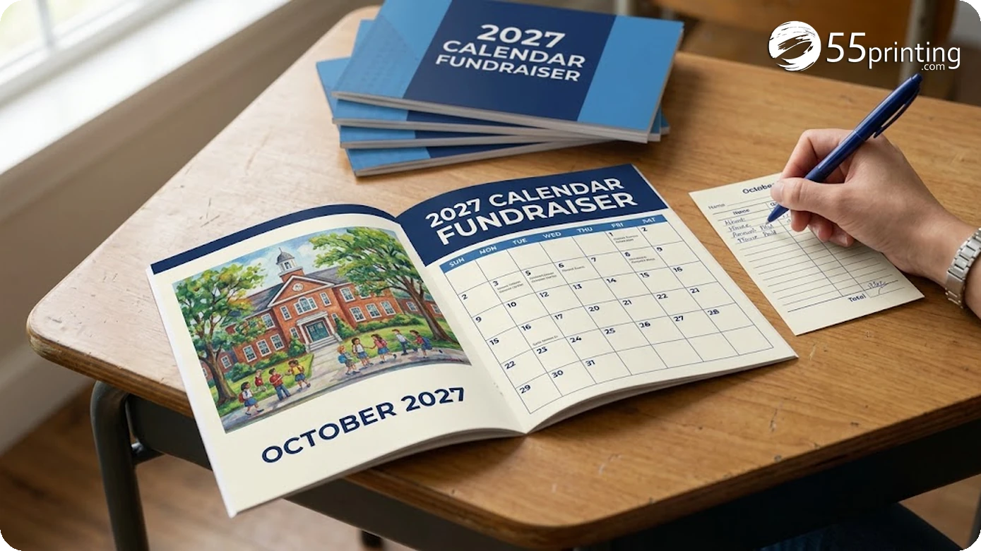Open printed school fundraiser calendar showing student artwork above a month grid on a classroom desk
