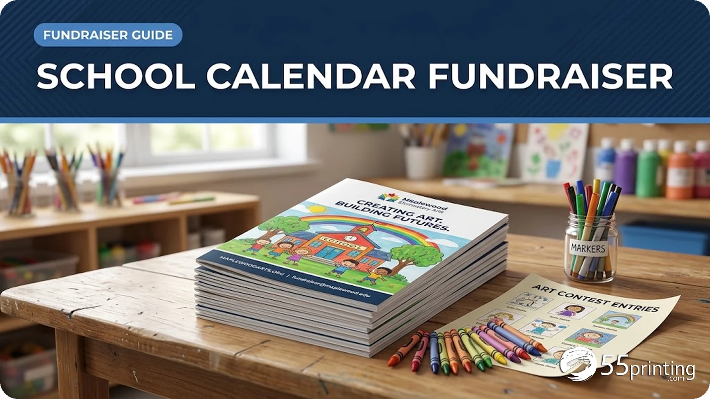 Printed school fundraiser calendars with student artwork covers on an art room table