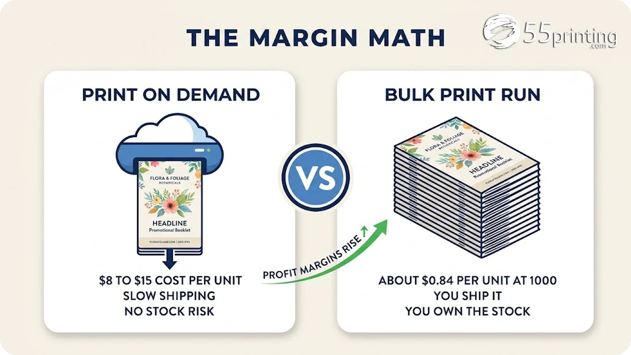 Infographic comparing print on demand cost per calendar versus bulk print run margins