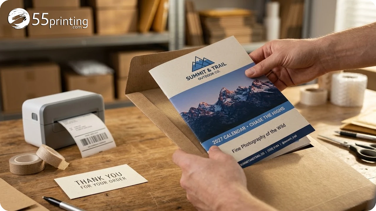 Hands packing a printed wall calendar into a kraft mailer at an Etsy seller shipping station