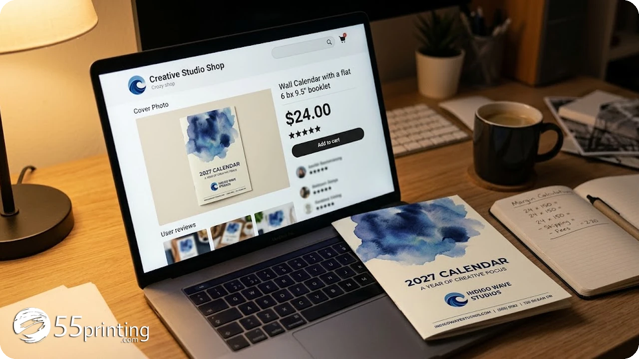 Laptop showing an Etsy wall calendar listing beside the physical printed calendar and a margin notebook