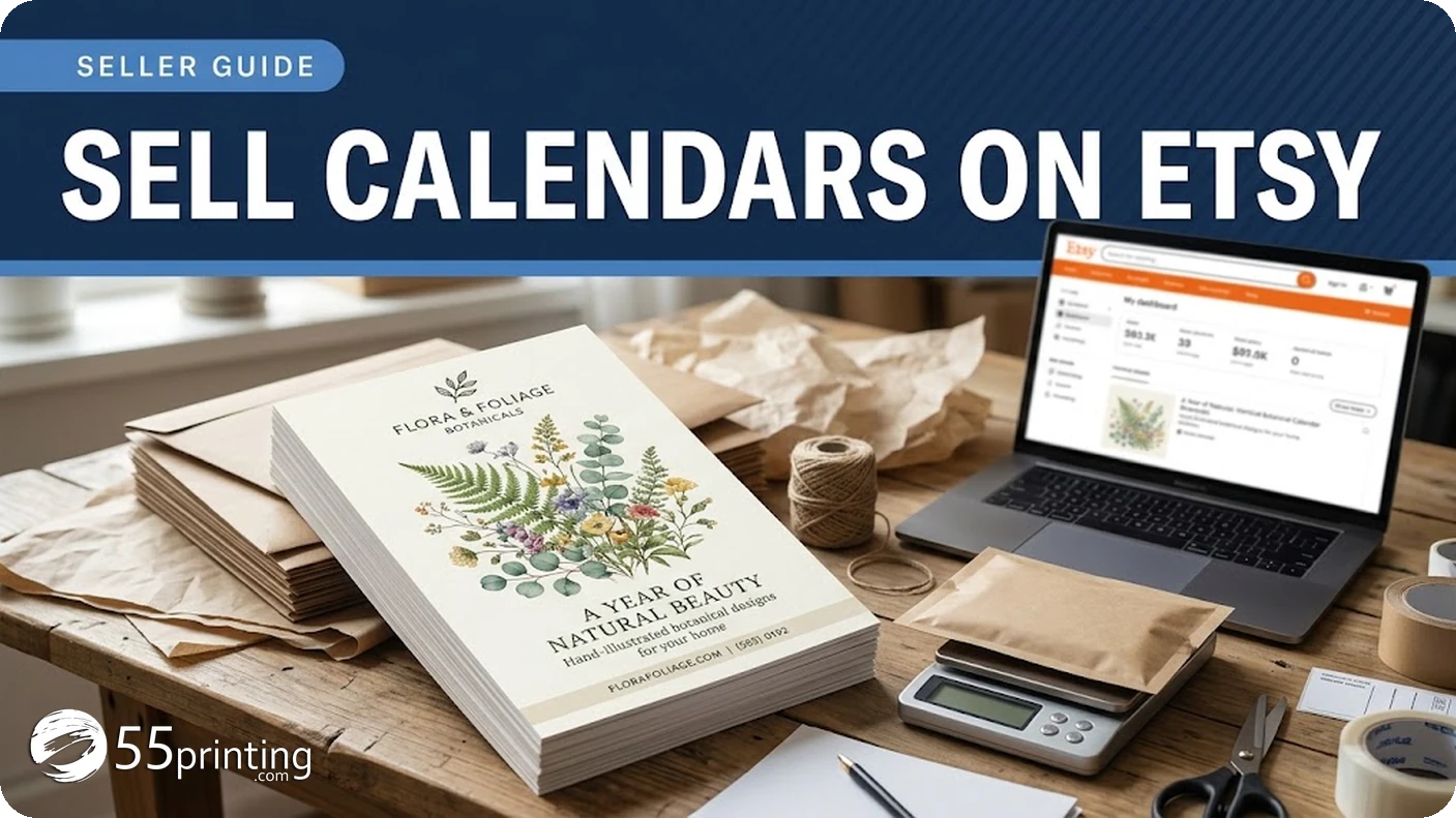 Printed wall calendars with botanical cover on an Etsy seller packing desk beside mailers and a laptop
