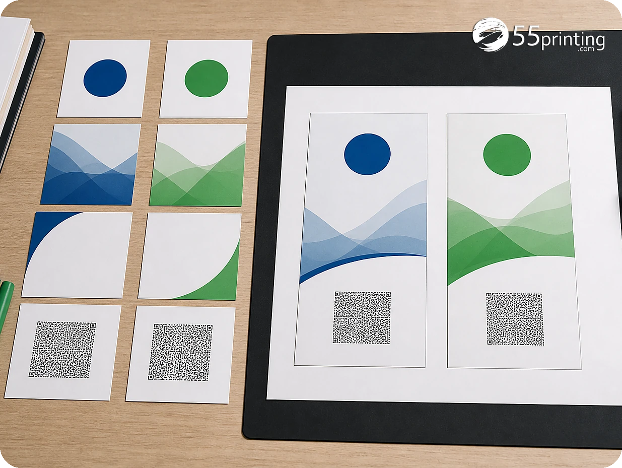 A proof compares separate assets with the product template, exact copy, QR destination, and screenshot reference